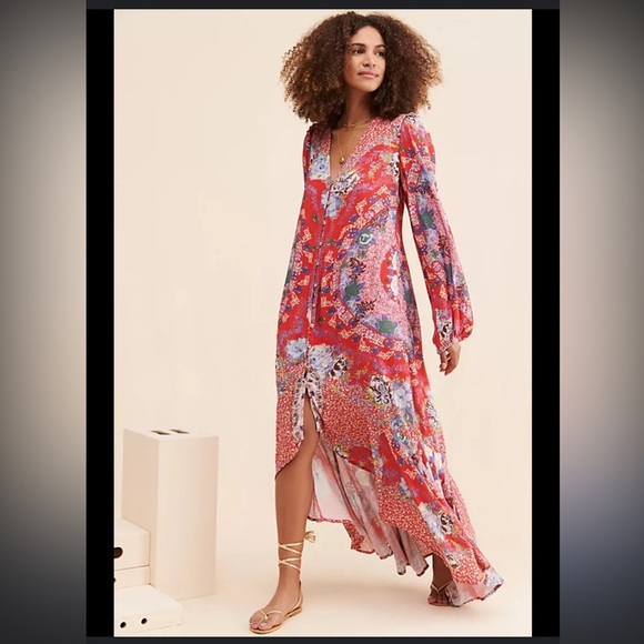 Free People Dresses & Skirts - Free People Vibrant Red Floral Long Sleeve Dress
